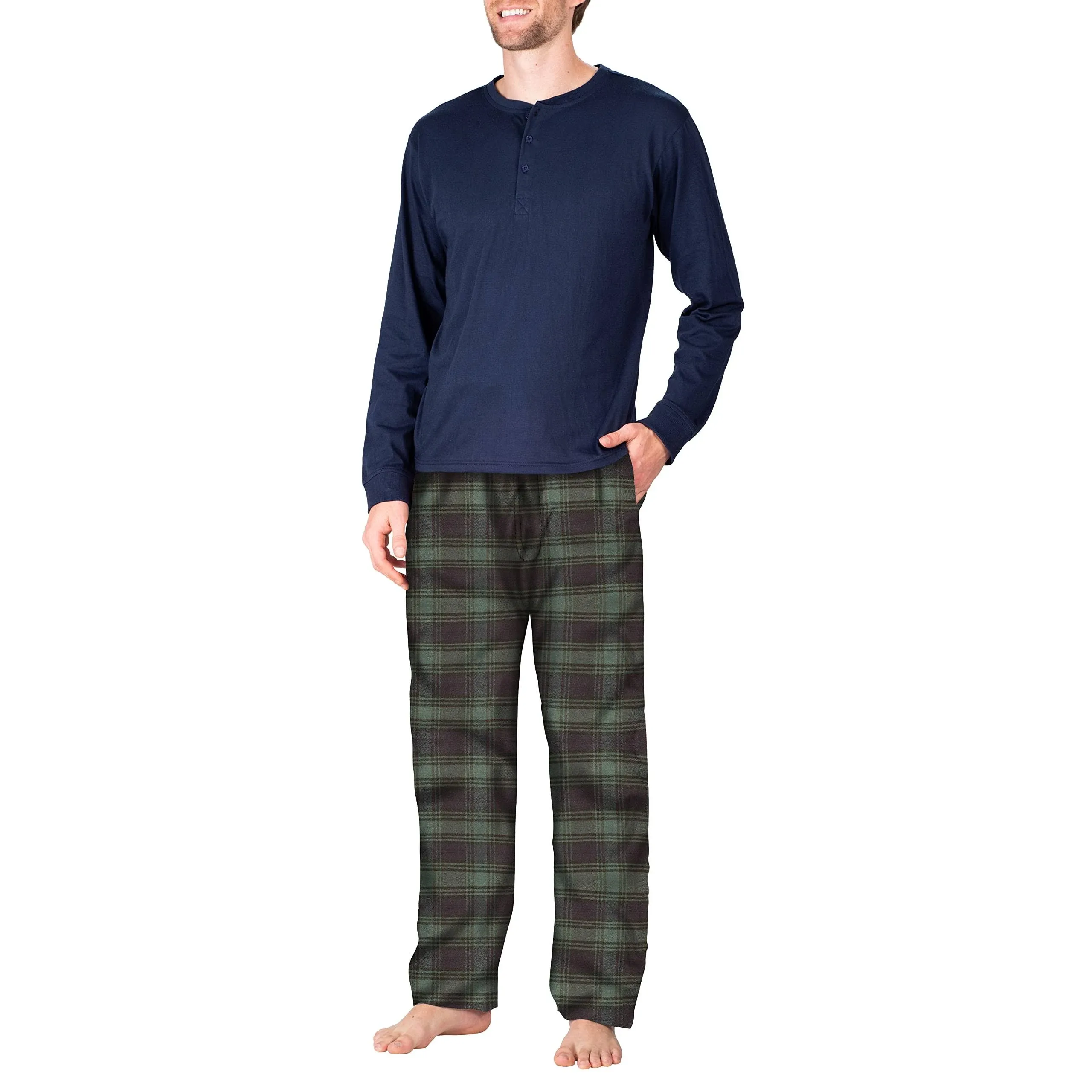 SLEEPHERO Men's Flannel Pajama Set Navy with Green and Navy Plaid, Blue, Small, Cotton