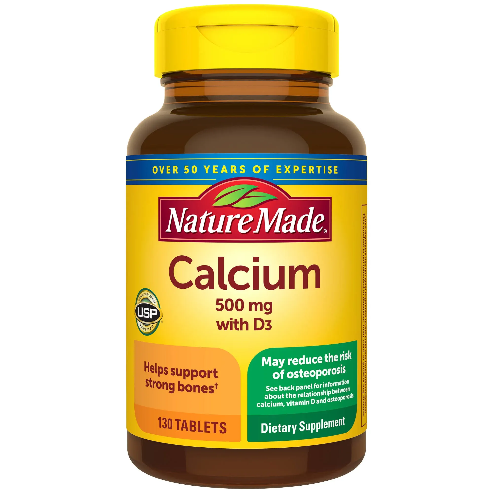 Nature Made Calcium 500 mg with Vitamin D3, Dietary Supplement for Bone Support, 130 Tablets