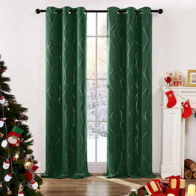 Deconovo Blackout Grommet Silver Pattern Printed Curtains, Dark Forest Green, 42W x 45L