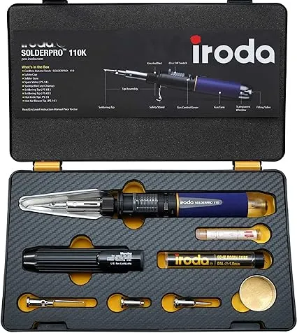 IRODA SOLDERPRO 110K ButaneCordless Soldering Iron Kit, 4-in-1 Heat Gun Blower, Mini Torch 30-125W | Self-Ignite Adjustable Flame, 25 Sec Heat Up, Runs 100 Mins Taiwan