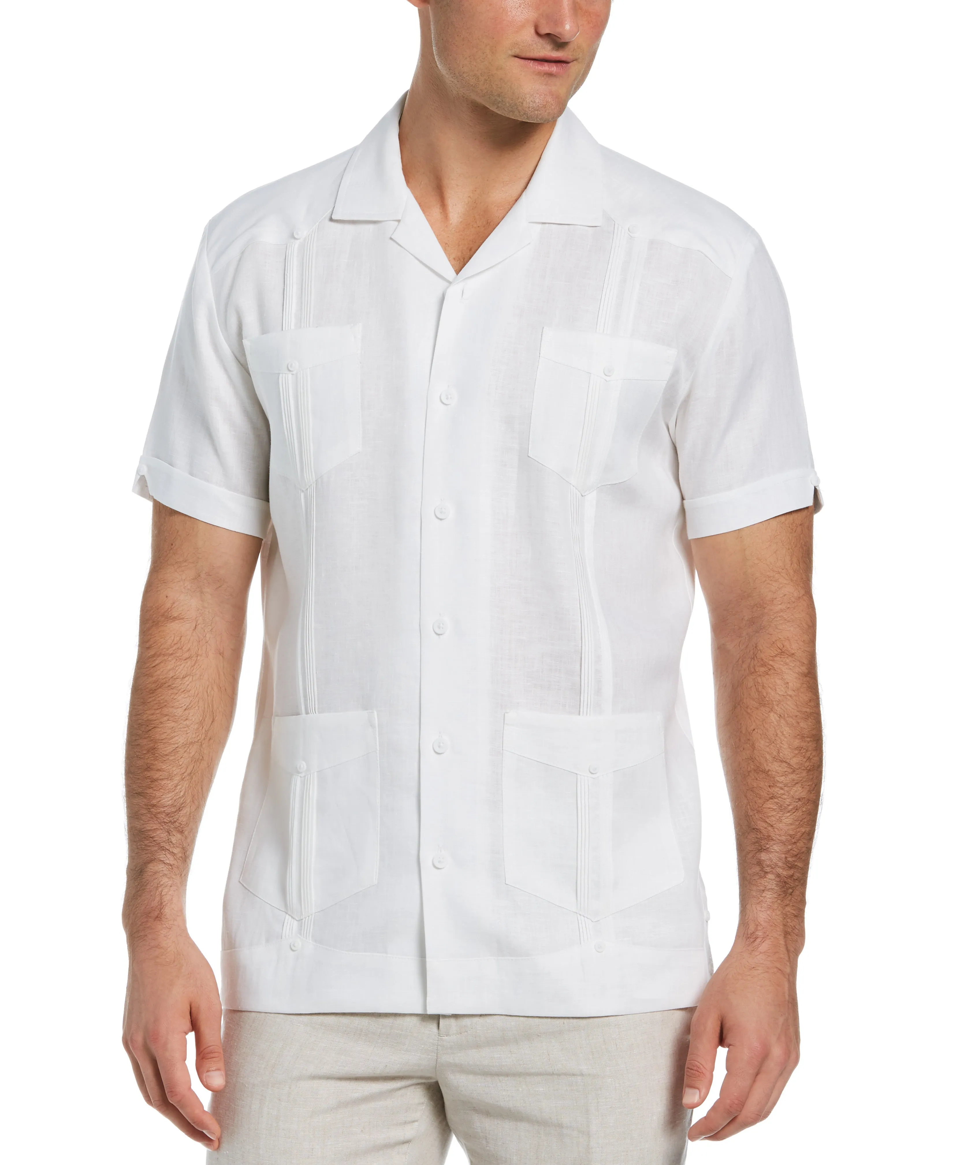 Cubavera Men's 100% Linen Classic Guayabera Shirt Short Sleeve in Bright White, Size Large