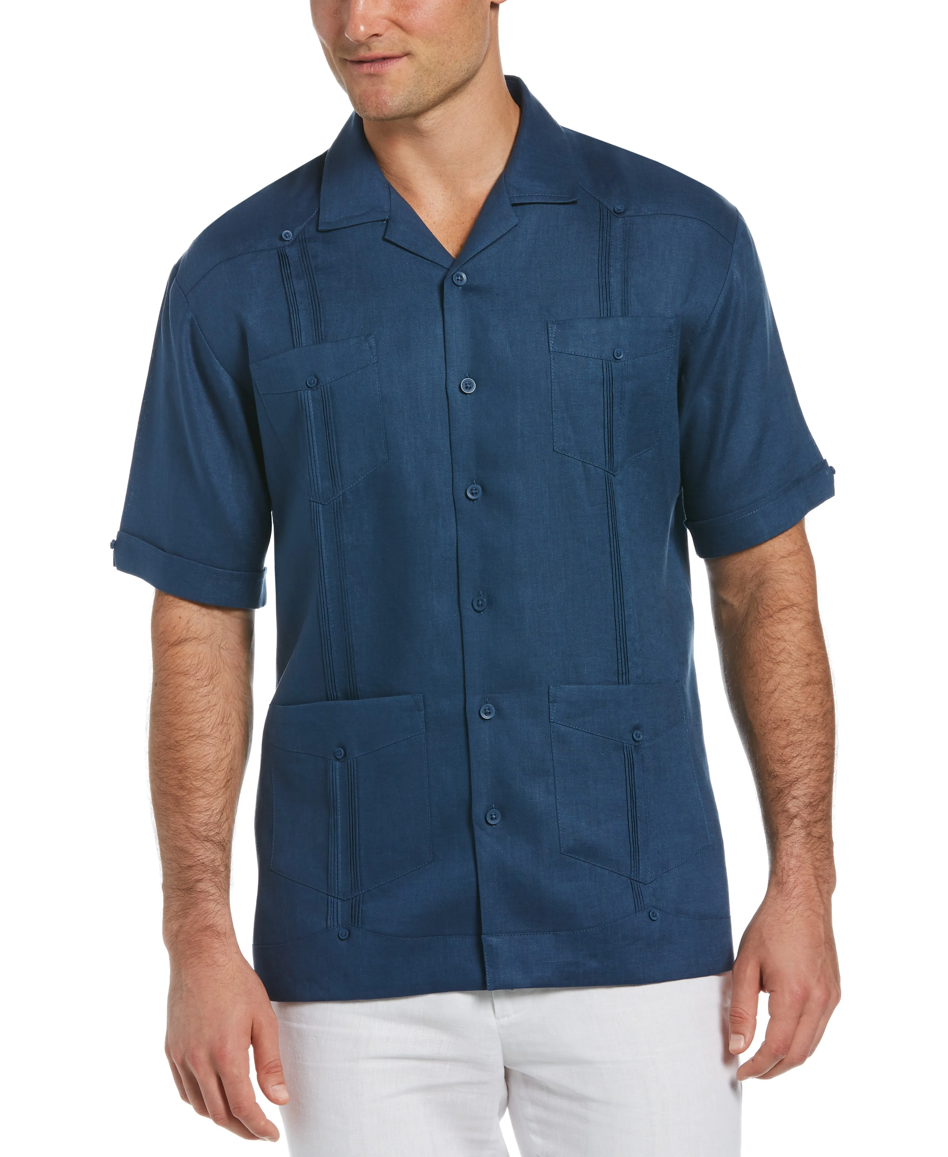 Cubavera Men's 100% Linen Classic Guayabera Shirt Short Sleeve in Jet Black, Size Medium