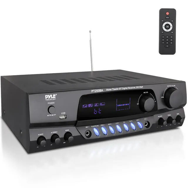 Pyle Kabelloses Bluetooth-Leistungsverstärkersystem, 200 Watt max., Heimkino-Audio-Stereo-Empfängerbox mit UKW/USB, Mikrofon-Eingang, Cinch-Eingänge, Echo & 2-Band EQ-Steuerung, digitaler Bildschirm –