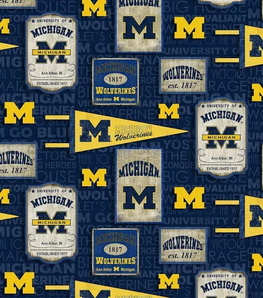 University Michigan Wolverines Cotton Fabric Vintage Pennant Design-By the Yard