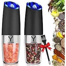 YAYAYOUNG Gravity Electric Grinder set of 2,Automatic Pepper and Salt Mill Grinder with Blue LED LIGHT,Electric Pepper Mill with Adjustable Coarseness,Refillable,salt and pepper shaker,pepper grinder