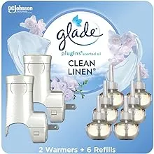 Glade PlugIns Air Freshener Starter Kit, Scented and Essential Oils for Home and Bathroom, Clean Linen, 4.02 fl oz, 2 Warmers and 6 Refills