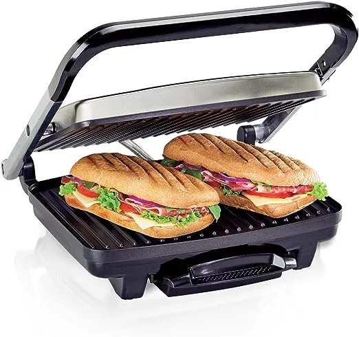 Hamilton Beach Panini Press, Sandwich Maker & Electric Indoor Grill, Upright Storage, Nonstick Easy Clean Grids, Stainless Steel (25410)