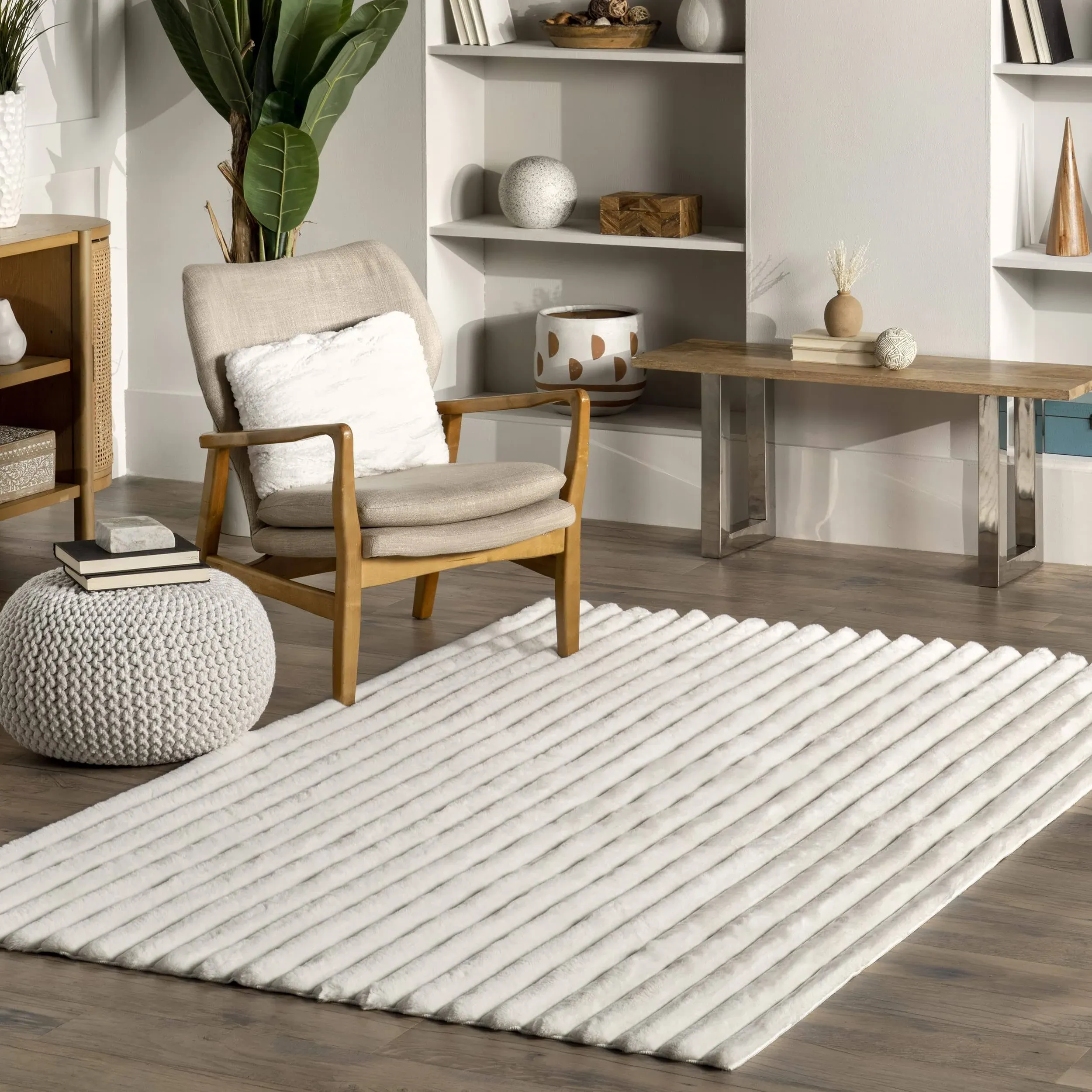 Nuloom Kai Stripe Faux Rabbit Machine Washable Runner Rug - White 2' 6" x 8'