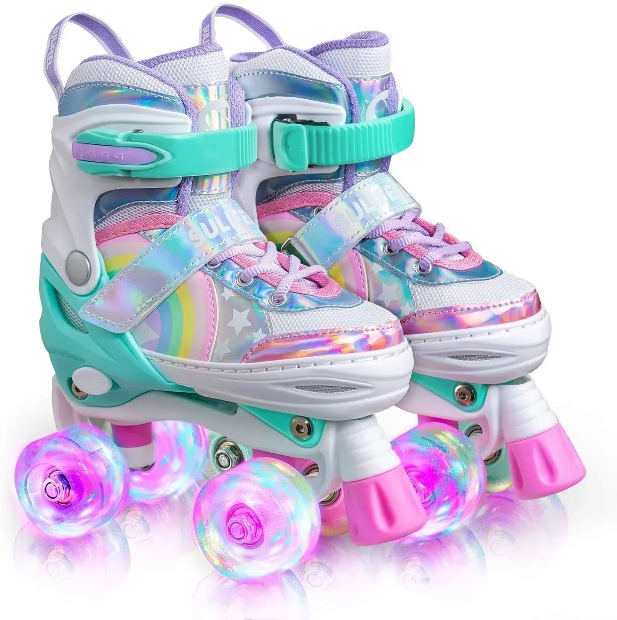 Sulifeel Rainbow Unicorn 4 Size Adjustable Light Up Roller Skates for Girls Boys for Kids Small