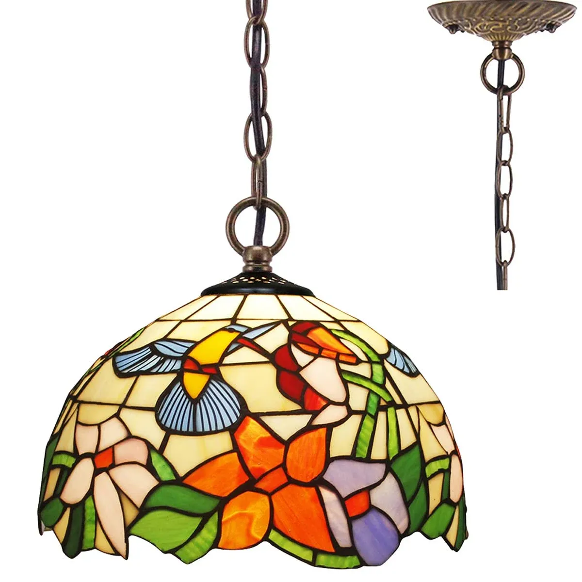 Werfactory Tiffany Pendant Light Fixture Hummingbird Amber Stained Glass Hanging ...