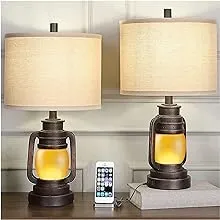 AIDENOEY Lantern Table Lamp Set of 2 with Nightlight USB AC Power Outlet Dark Bronze Linen Fabric Hardback Shade Home Decor for Living Room Bedroom House Bedside Nightstand Home Office Family