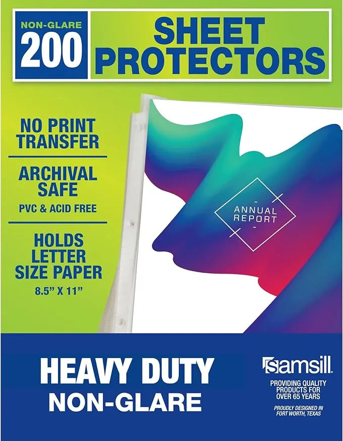 Samsill Heavy Duty Sheet Protectors 8.5 x 11 Inch, Page Protectors for 3 Ring Binder, Non-Glare Sheet Protector, Letter Size, Top Loading, Acid Free, 100 Pack