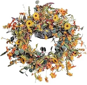 J'FLORU Artificial Fall Wreath,22" Autumn Wreath for Front Door with Big Pumpkins ...