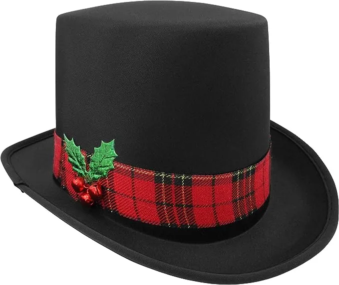 Christmas Caroler Snowman Top Hat Costume Red Plaid Band Mistletoe Holly Berries, Size: One size, Black