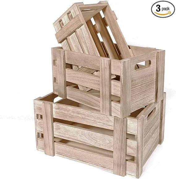 Natural Wood Crates for Storage - Set of 3: Decorative Unfinished Wooden Crates, Country Style Small Crates for Display, Rustic Farmhouse Shelf Décor, Nesting Solid Wood Crates