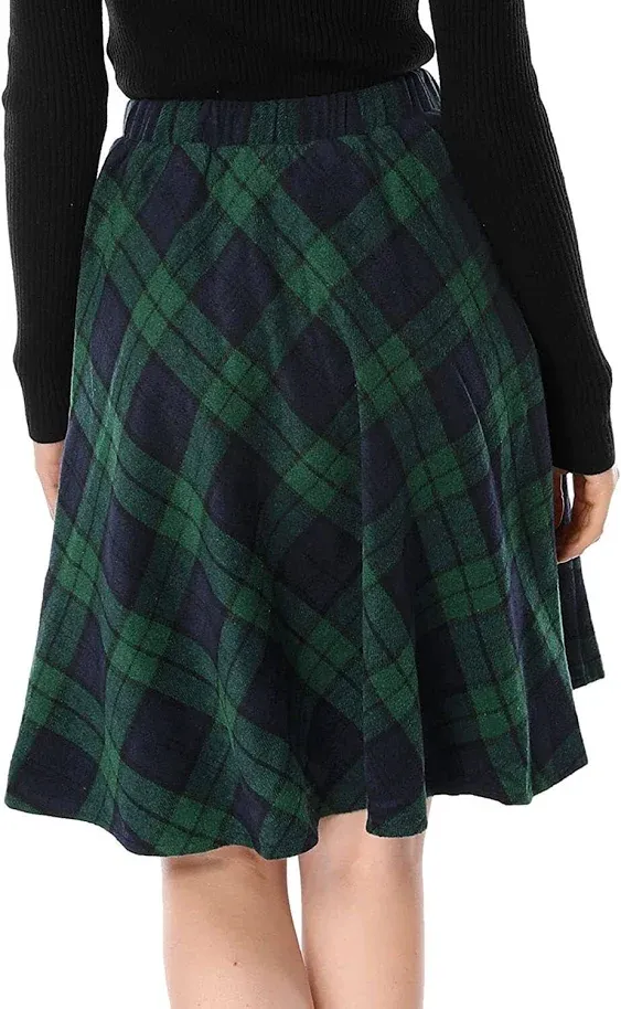 Allegra K Women's Plaids Vintage Tartan Elastic Waist Knee Length A-Line Skirt