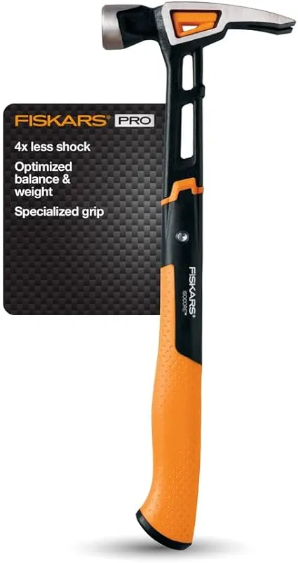 Fiskars - 20 oz Head, Straight Nail Hammer - 15-1/2" OAL, Forged Steel Head, 1-1/4" Face Diam, Smooth Face