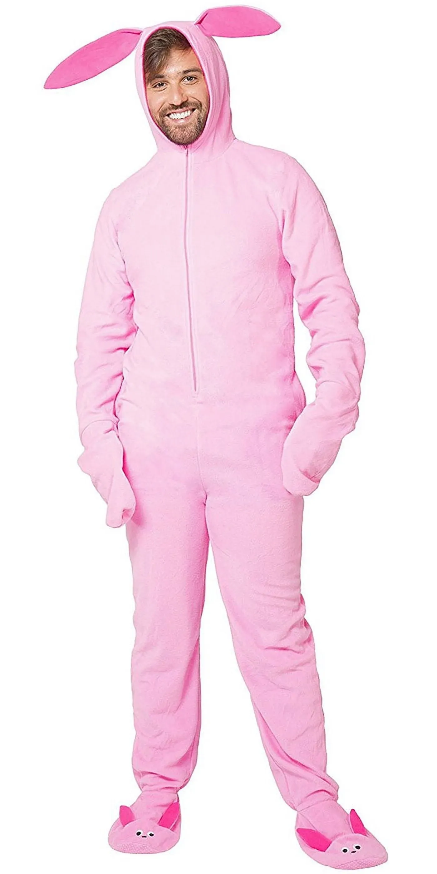 A Christmas Story Men's Ralphie Deranged Pink Bunny Suit Hooded Pajama Costume Union Suit Outfit Sleeper