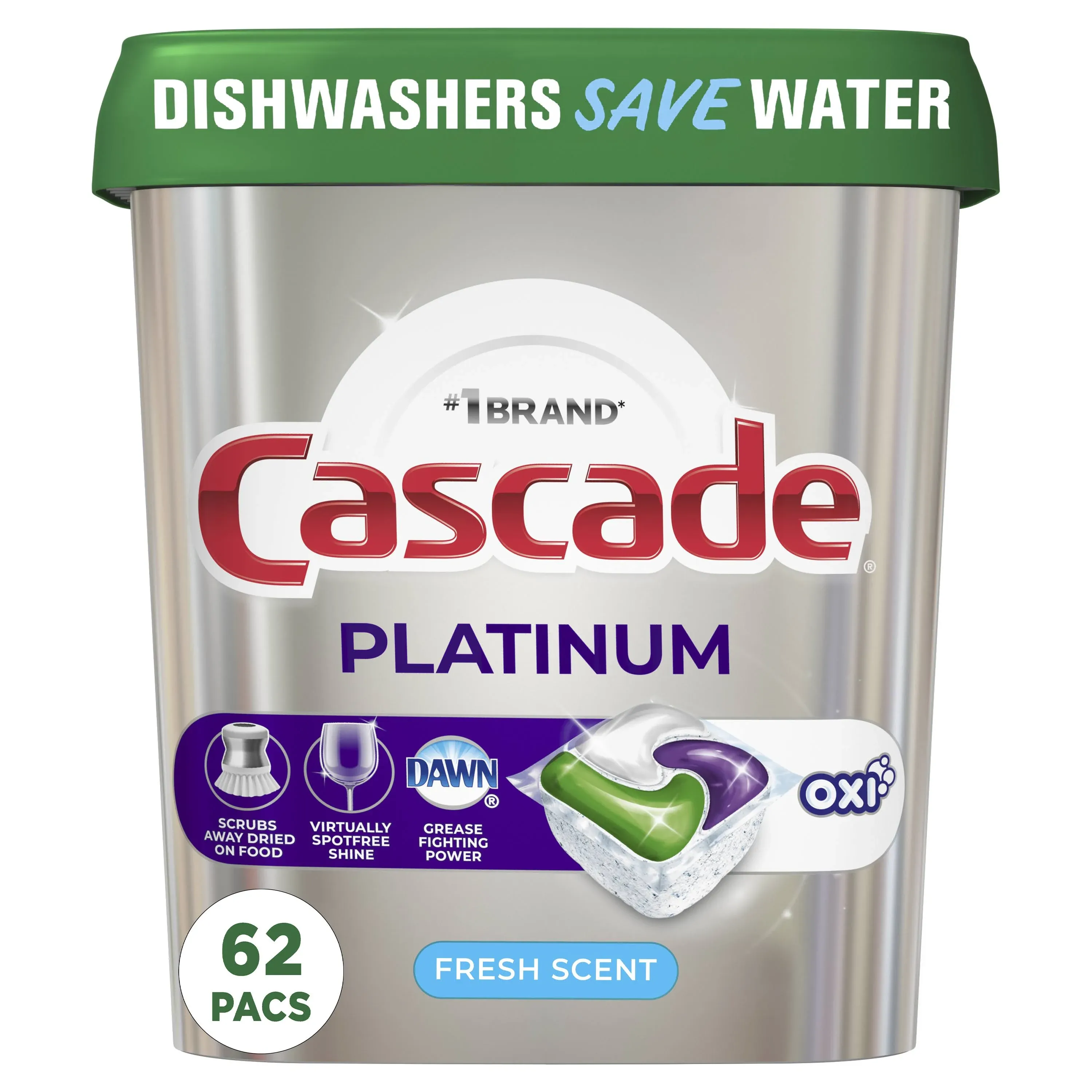 Cascade Platinum Dishwasher Detergent, Fresh Scent, ActionPacs - 62 actionpacs, 979 g