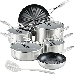 Circulon Clad Stainless Steel Cookware/Pots and Pans and Utensil Set with Hybrid SteelShield and Nonstick Technology, 11 Piece - Silver