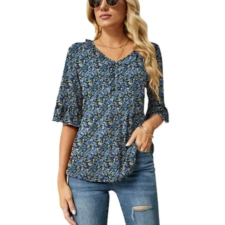 Ivicoer Women's Casual V Neck T Shirts Loose Summer Fall 3/4 Bell Sleeve Tops Ruffle Tunic Blouses