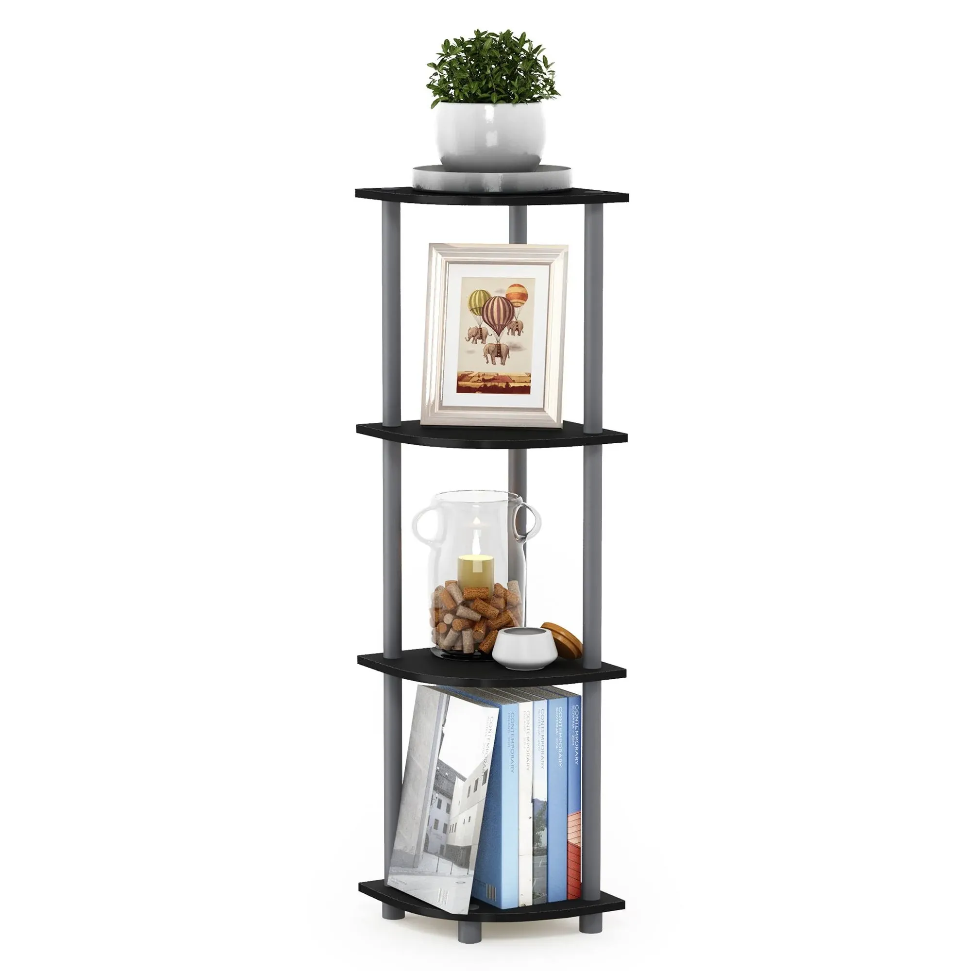 Furinno Turn-N-Tube 4-Tier Corner Display Rack Multipurpose Shelving Unit, Black/Grey