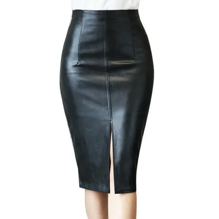 HoWD Stylish Women Solid Color High Waist Faux Leather Front Slit Midi Bodycon Skirt