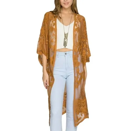 Karuedoo Women Boho Floral Swimwear Cover Up 3/4 Sleeves Front Open Crochet Beach Coverup Kimono Cardigan Ginger