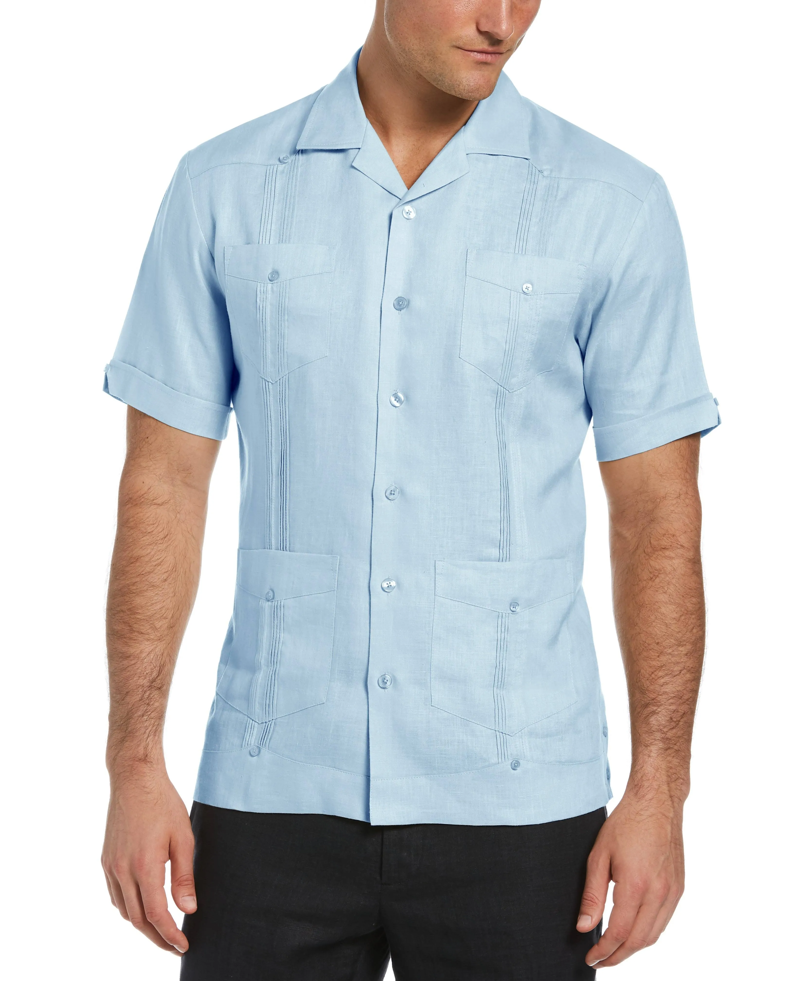 Cubavera Men's 100% Linen Classic Guayabera Shirt Short Sleeve in Cashmere Blue, Size Large