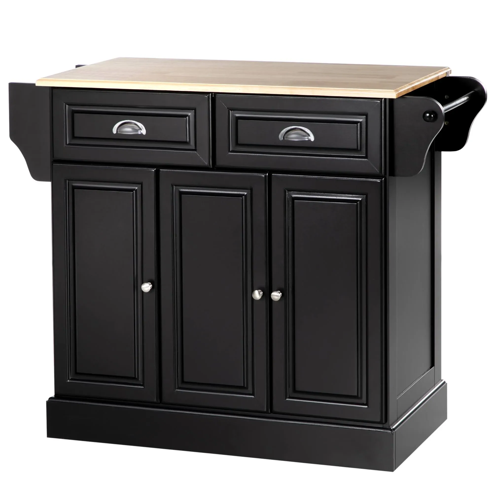 HOMCOM Kitchen Island with Storage, Rolling Kitchen Serving Cart with Rubber Wood Top, Storage Drawer and Cabinet