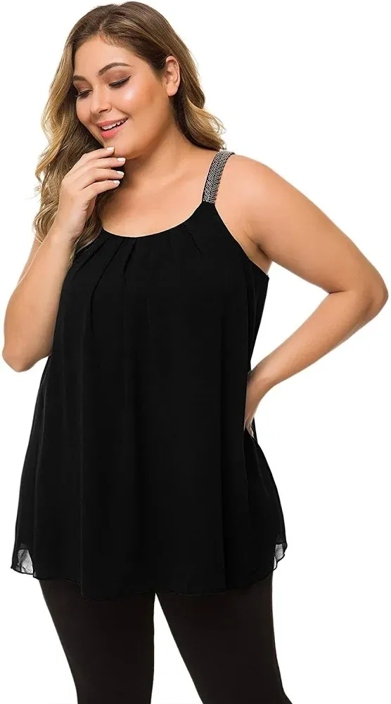 MANER Women&#039;s Plus Size Cami Casual Pleated Chiffon Tank Top with Beaded Strap