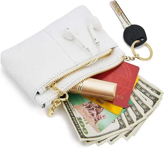 Women Genuine Leather Zip Mini Coin Purse with Key Ring Triple Zipper Card Holde