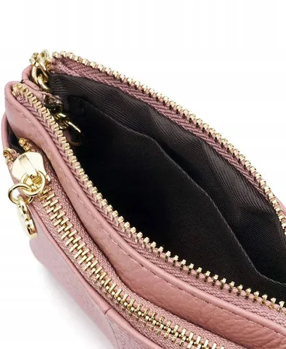 Women Genuine Leather Zip Mini Coin Purse with Key Ring Triple Zipper Card Holder ...