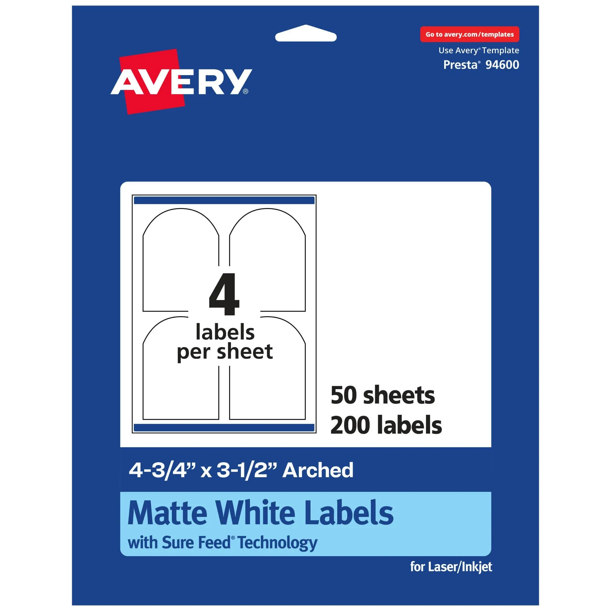 Avery Matte White Arched Labels with Sure Feed, 4.75 inch x 3.5 inch, 200 Matte ...