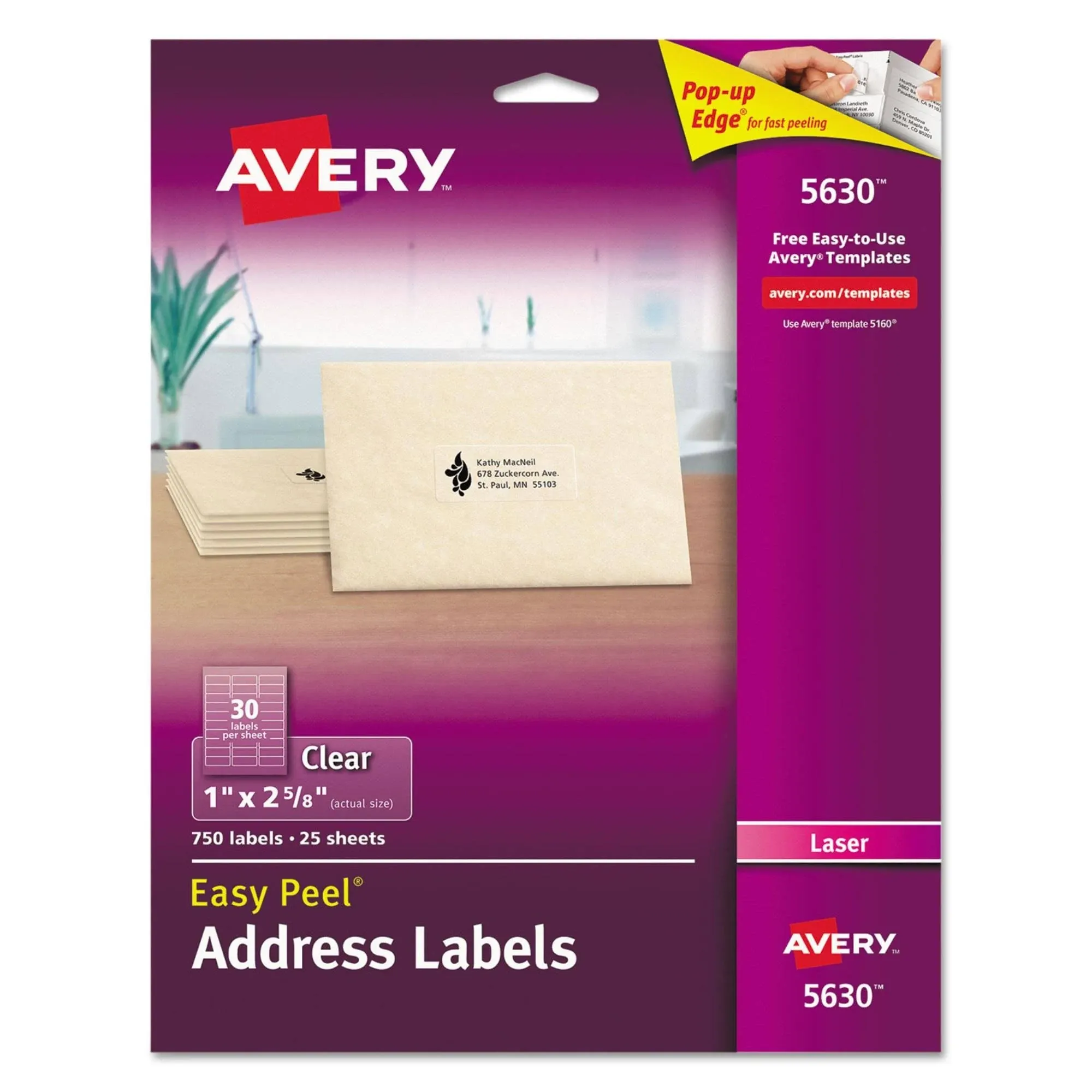 AVE5630 Matte Clear Easy Peel Address Labels, Laser, 1 x 2 5/8, 750/Box