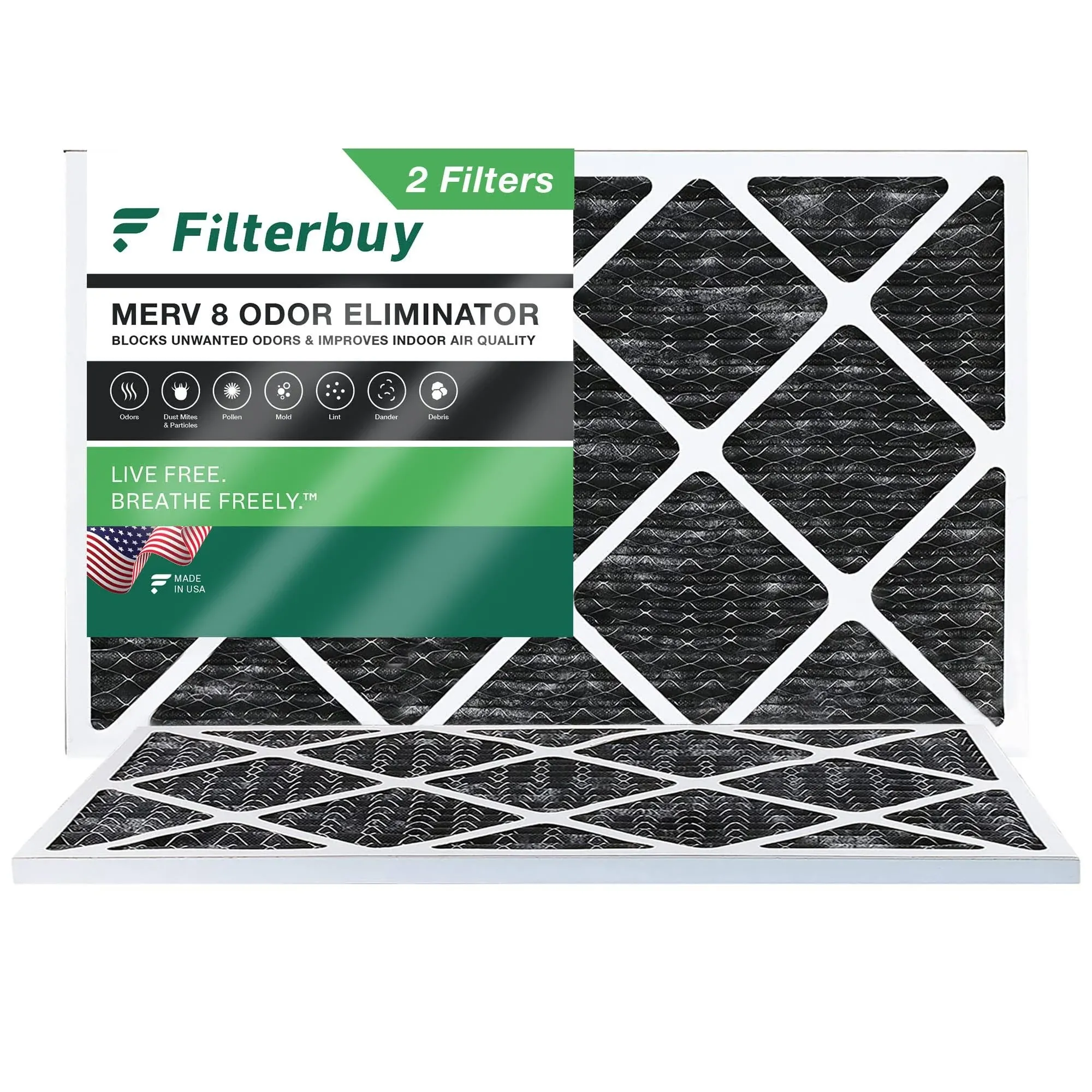 Filterbuy 18x30x1 Air Filter MERV 8 Odor Eliminator, Pleated HVAC AC Furnace Filters with Activated Carbon (2-Pack), Black