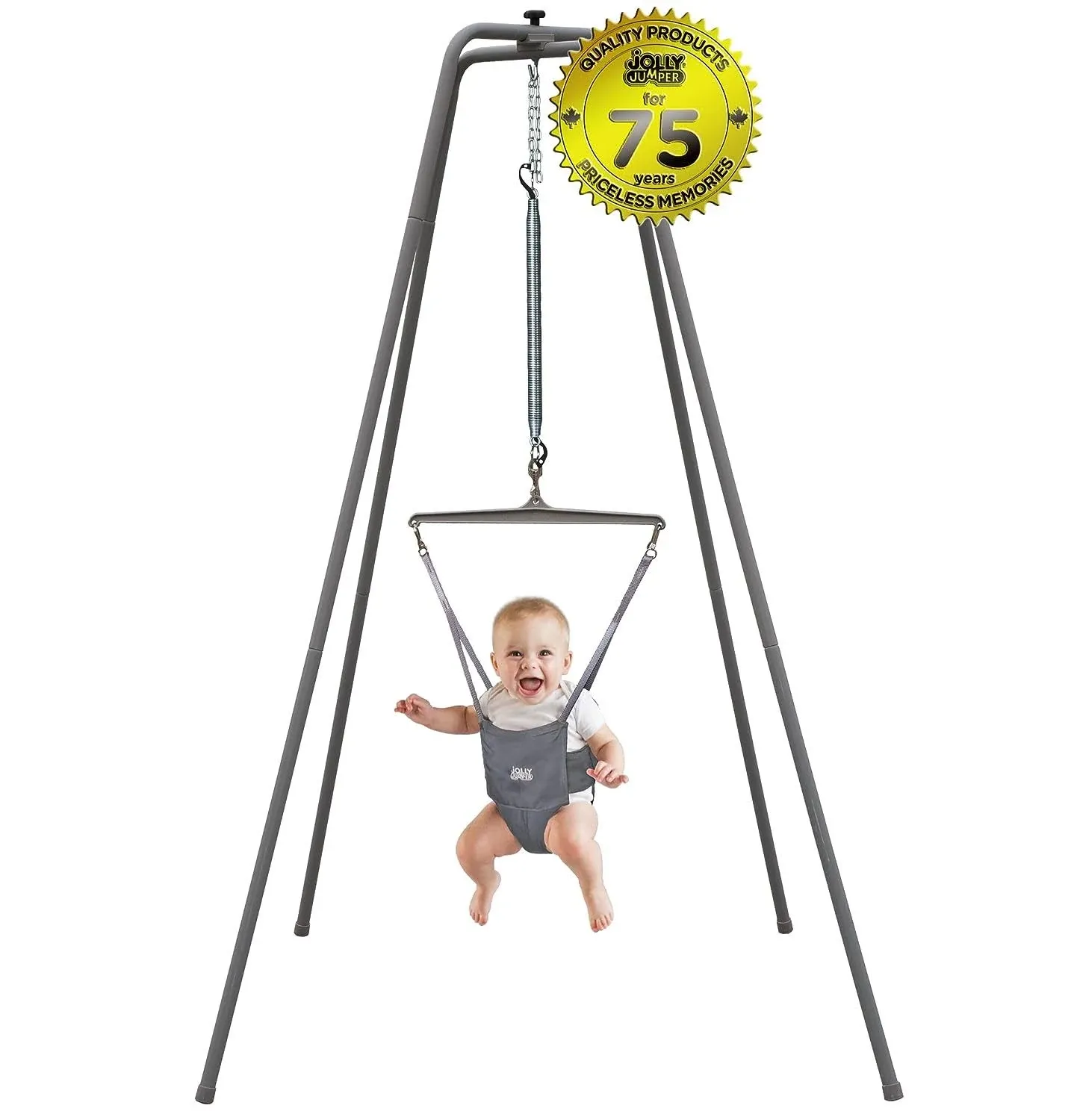 Jolly Jumper Baby Exerciser with Super Stand, More Durable Baby Bouncer for Active Babies, Safe Baby Jumper, For Indoor and Outdoor Use Gray