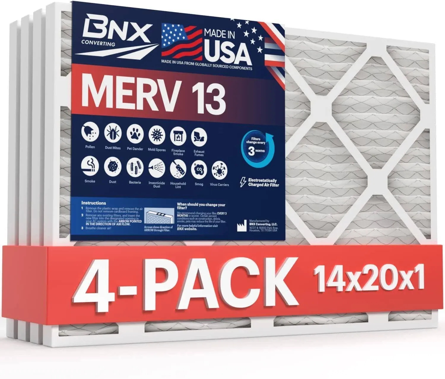 BNX TruFilter 20x22x1 Air Filter MERV 13 (4-Pack) - MADE IN USA - Electrostatic Pleated Air Conditioner HVAC AC Furnace Filters for Allergies, Pollen, Mold, Bacteria, Smoke, Allergen, MPR 1900 FPR 10