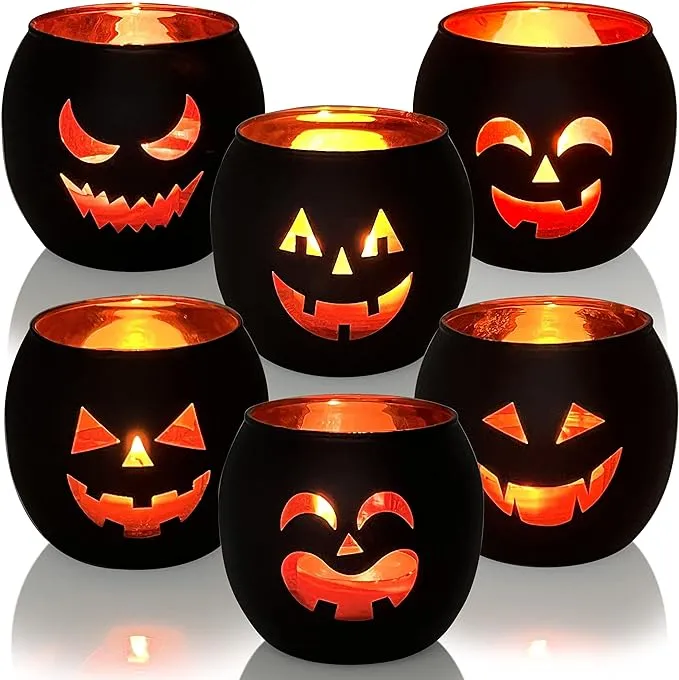 Halloween Table Decor Set of 6, Jack O Lanterns Black Glass Votive Tealight Candle Holders, Halloween Decorations Indoor Party Mantel Coffe Table Centerpiece Decor