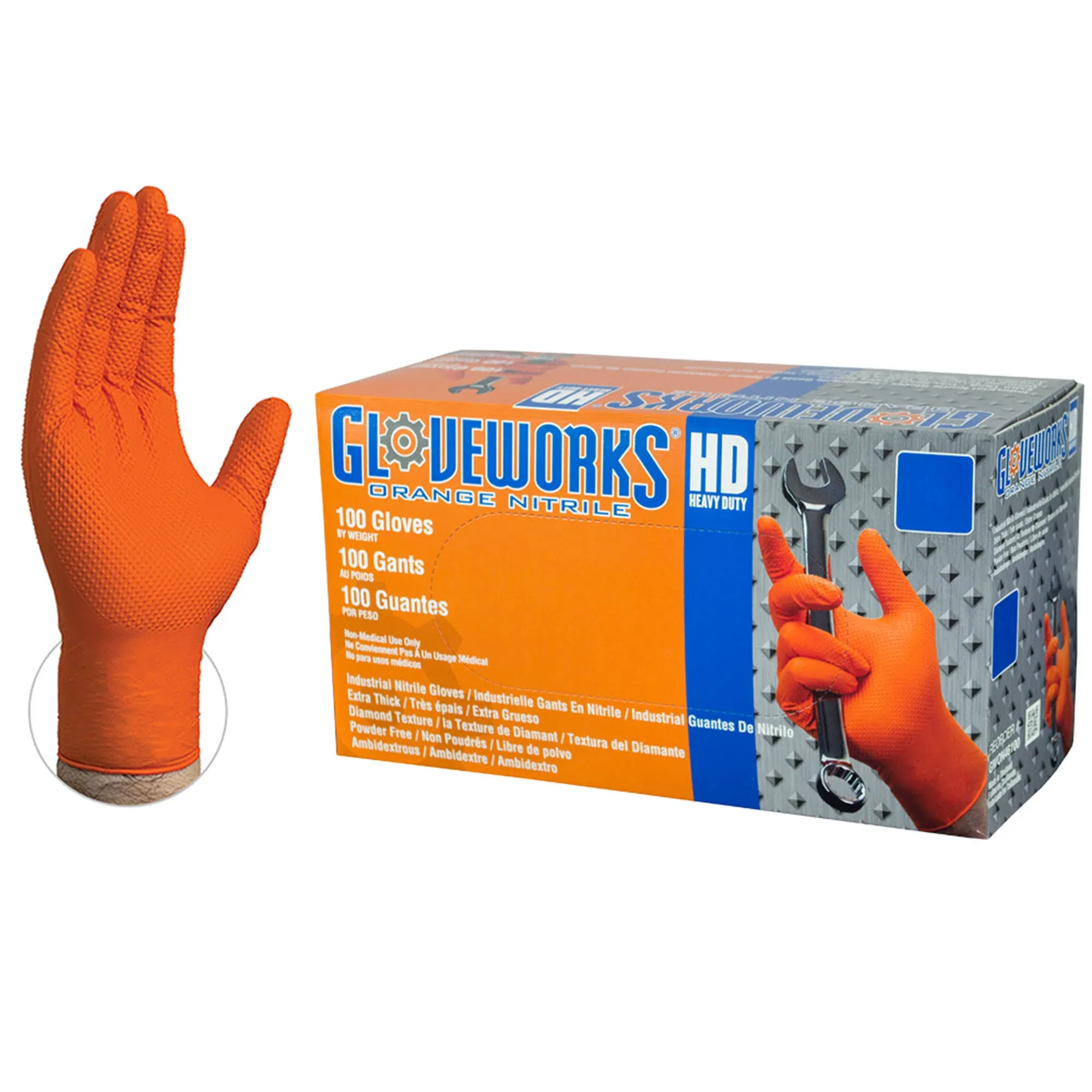 GLOVEWORKS HD Orange Nitrile Industrial Disposable Gloves, 8 Mil, Latex-Free, Raised Diamond Texture, X-Large, Box of 100