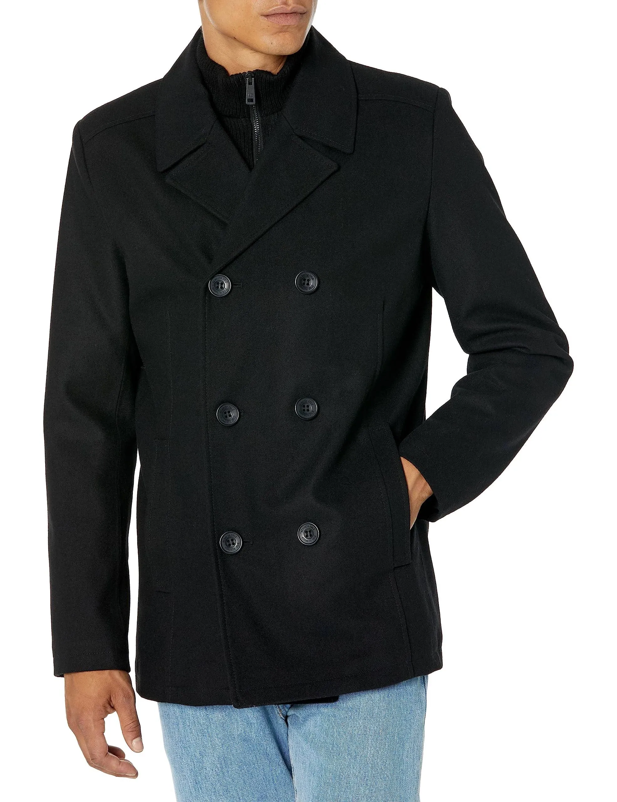 Kenneth Cole Men's Notched Lapel Wool Pea Coat Knit Bib