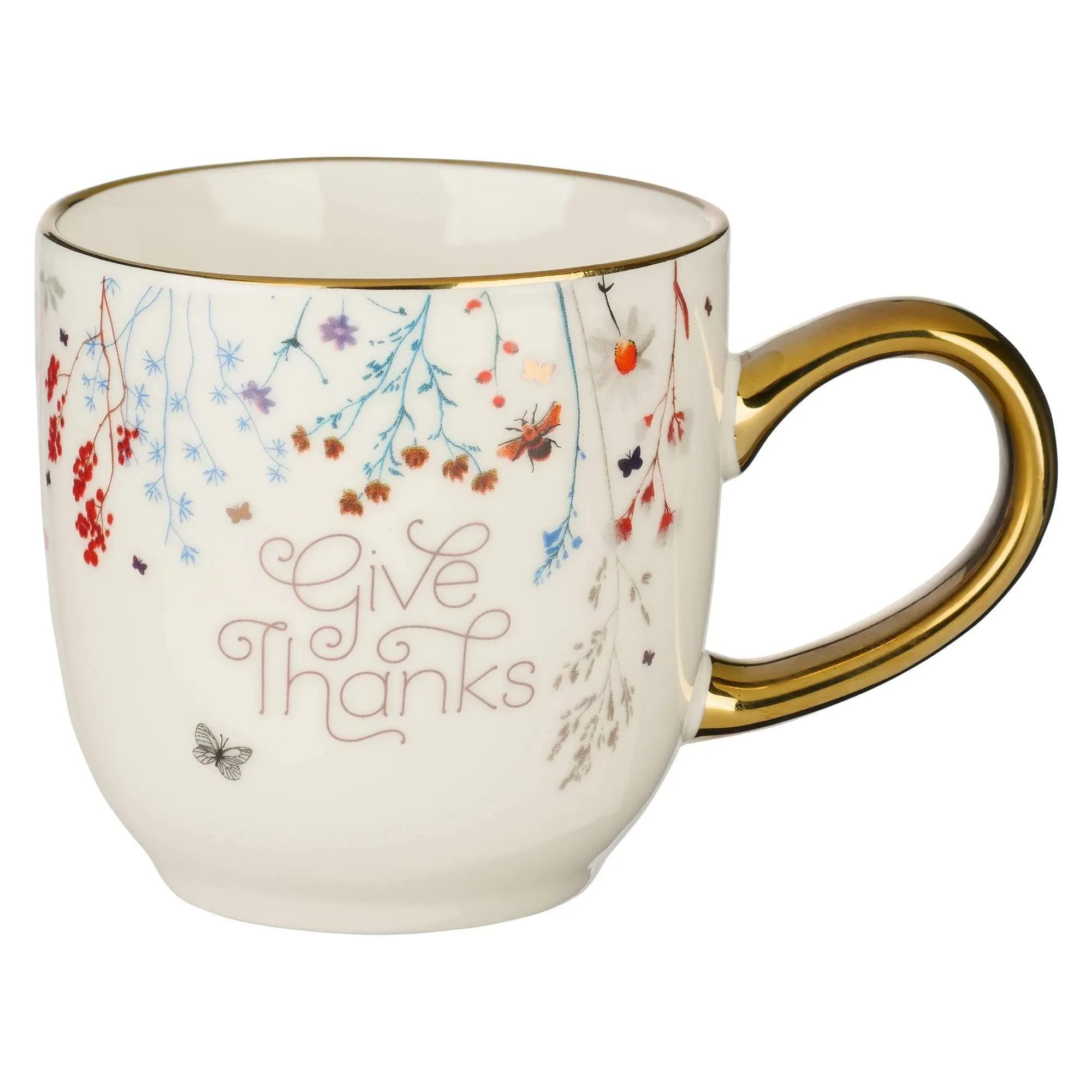 Christian Art Gifts Topsy-Turvy Wildflowers Ceramic Coffee Mug with Gold Handle – 11 oz. Lead and Cadmium-free Coffee Mug for Women with Inspirational Bible Verse: Give Thanks - 1 Thessalonians 5:18