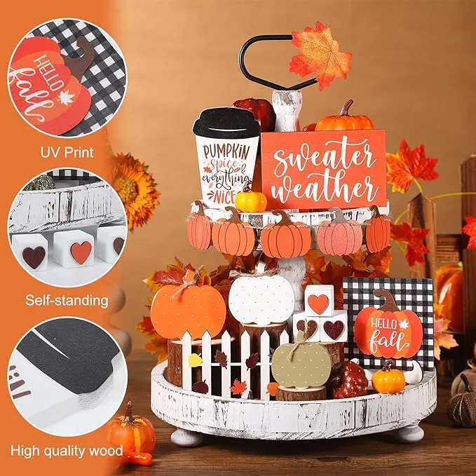 Sumind 15 Pcs Fall Tiered Tray Decor Set Hello Fall Decor Autumn Wood Signs Thanksgiving Orange Brown Table Signs Farmhouse Wooden Maple Pumpkin Gnomes Tabletop for Festival Home Decor (Gnomes)