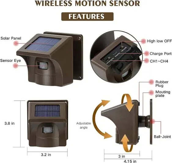 eMACROS 1/2 Mile Long Range Solar Wireless Driveway Alarm Outdoor Weather Resistant Motion Sensor & Detector-Security Alert System HS002-01