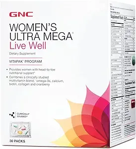 GNC Women's Ultra Mega Live Well Vitapak | Full Body Supplement Support | 3-Step Multivitamin System for Optimal Health | Contains Omega-3, Calcium, Biotin, Collagen & Cranberry | 30 Count