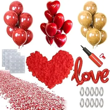 50PCS Love Balloons and Heart Balloons Kit&2000 PCS Silk Rose Petals 42Inch I Love You Balloon Gold Balloons Romantic Decoration Kit Double-Layer Easy to Use for Valentine Day Party Decorations