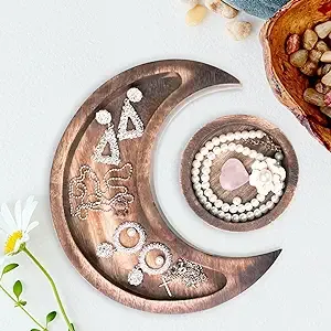 Crescent Moon Tray, Rustic Wooden Moon Tray, Crystal Holder Set, Crystal Organizer for Stone, Wooden Crescent Moon Tray for Jewelry, Rocks Organizer for Altar Table Home Decor, 9.6" - Brown