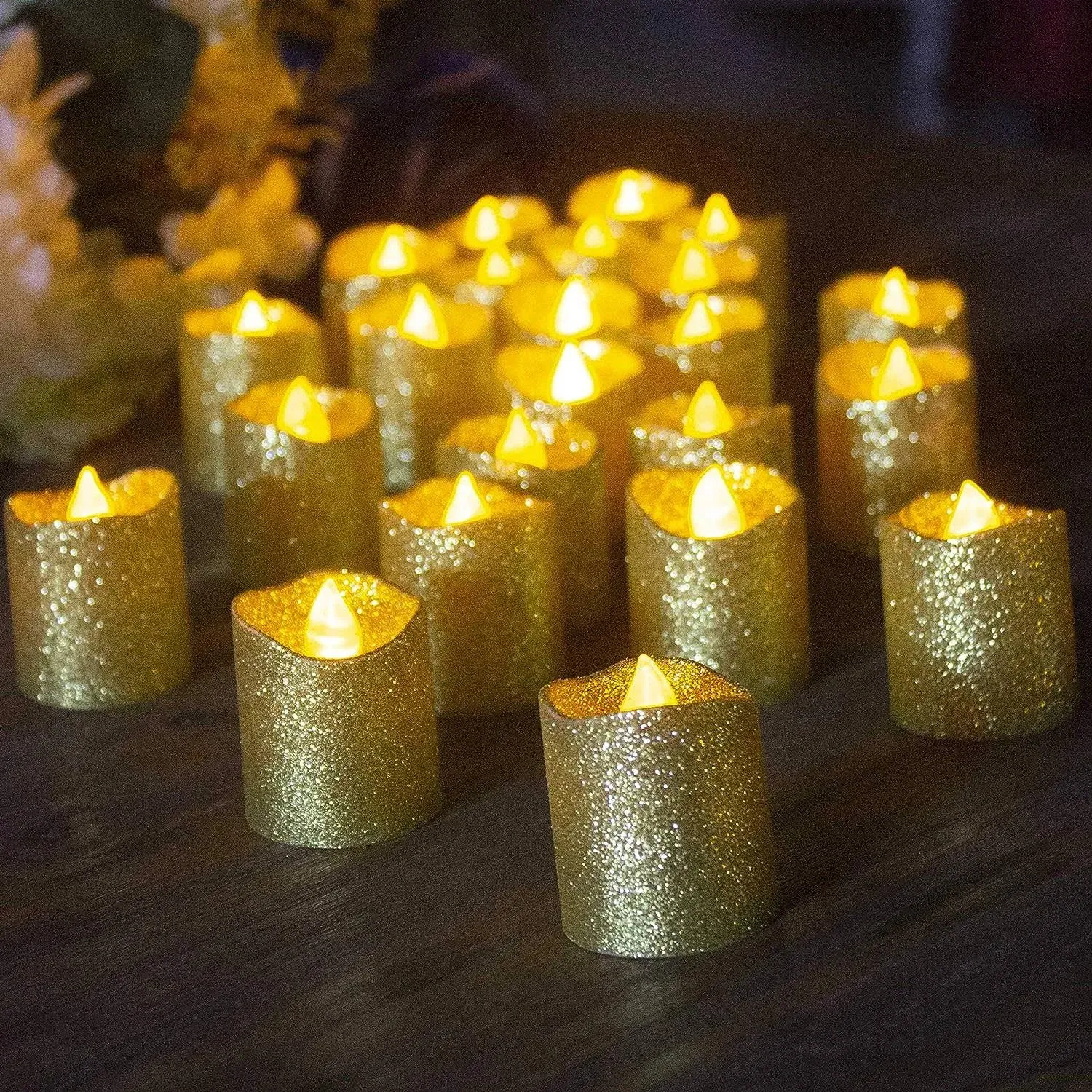 LOGUIDE Gold Flameless Votive Candles,24 Pack Battery Operated Gold Glitter Flickering Fake LED Tea Lights for Wedding Centerpieces,Table,Anniversary,Outdoor,Christmas Decorations…