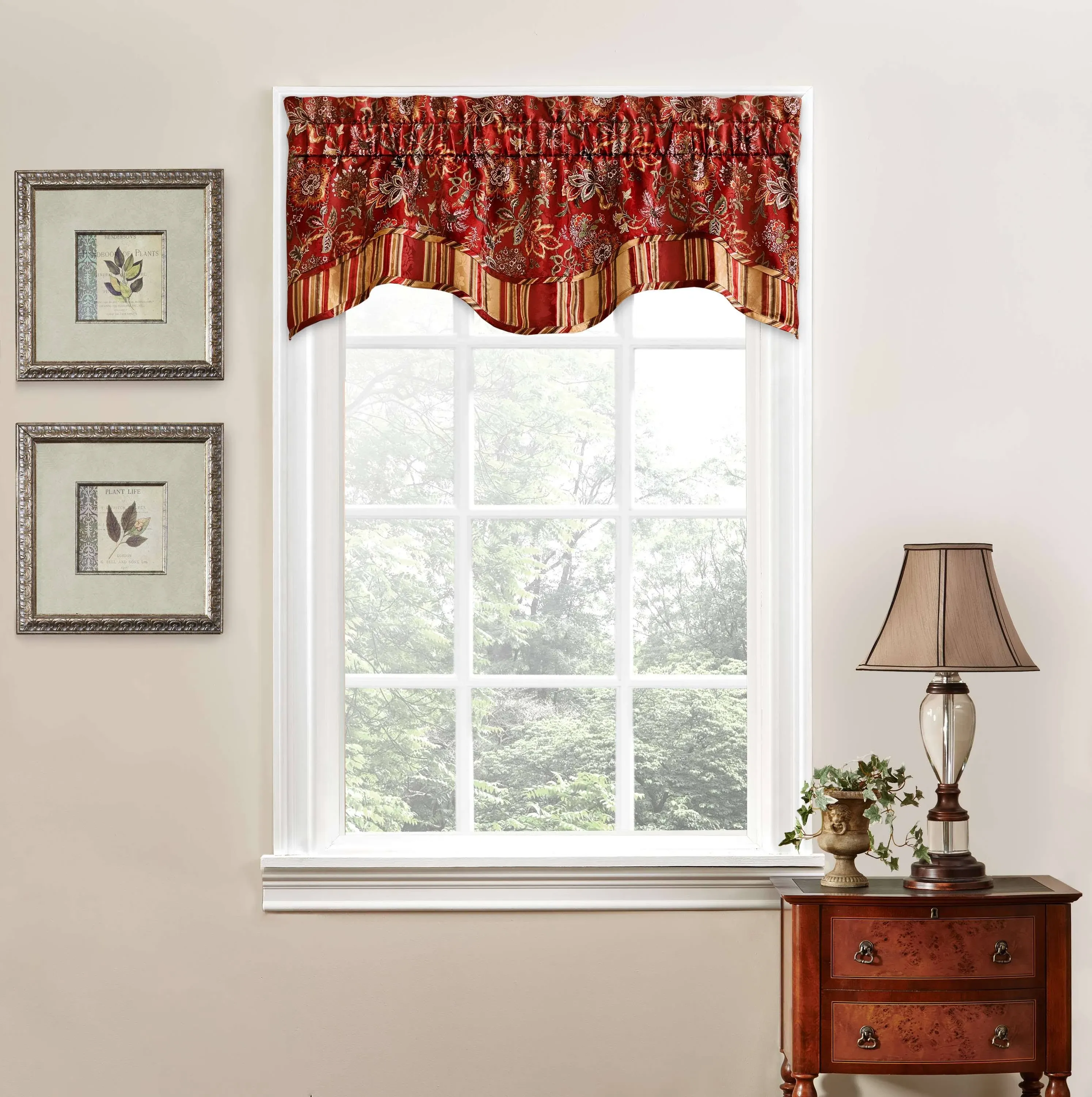 Waverly Navarra Farmhouse Scalloped Valance Rod Pocket Window Curtain for Kitchen or Bathroom, 52" x 16", Crimson