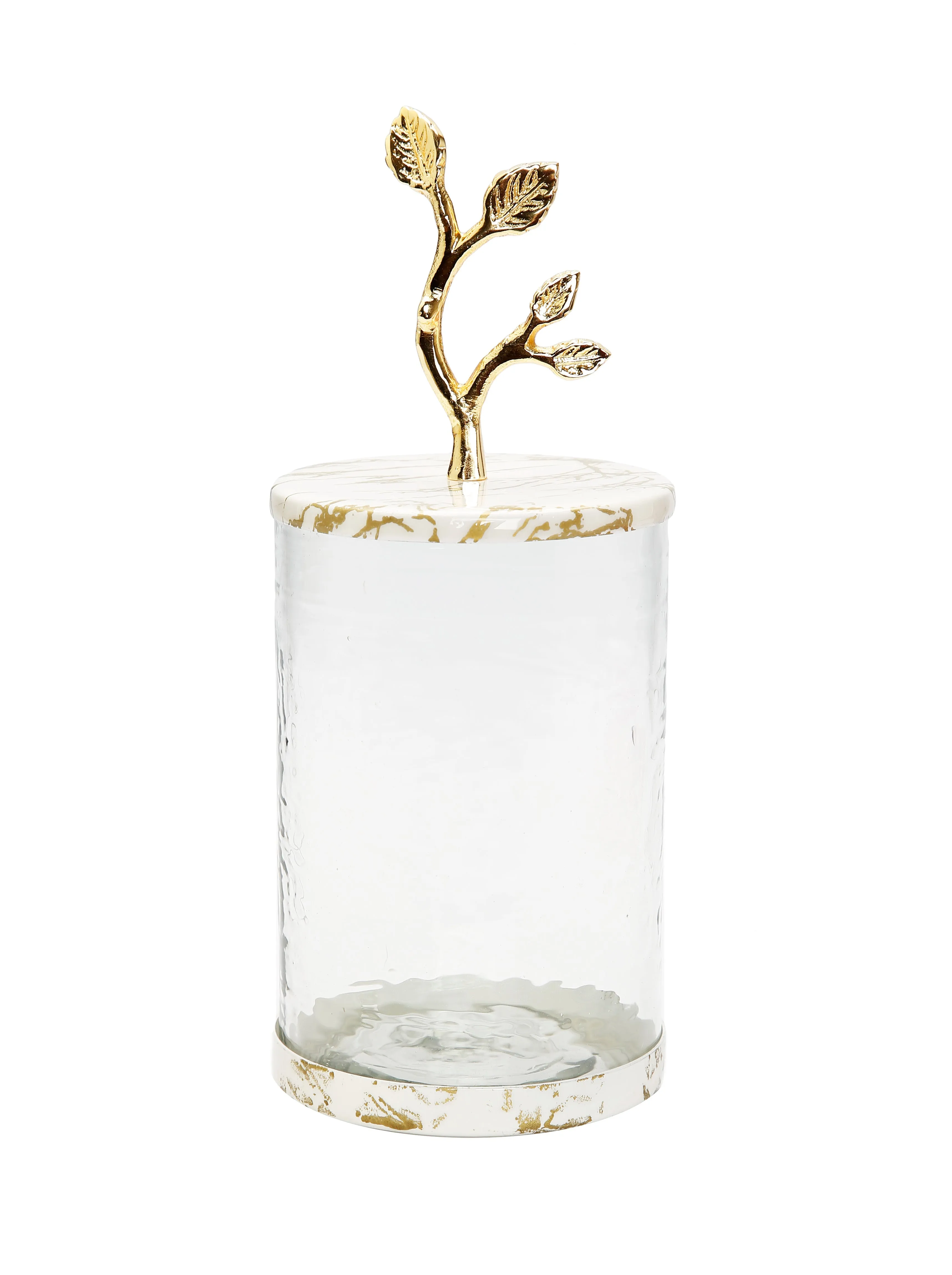 Medium Glass Canister with White/Gold Marble Lid and Leaf Handle